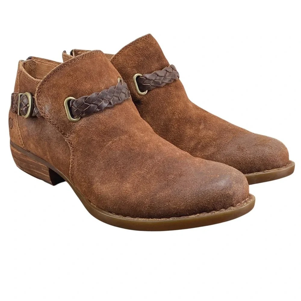 Born Sylvia Brown Distressed Suede Braided Strap Ankle Booties Women's Size 8M